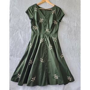 eShakti Dress Womens Size Small 6 Fit Flare Green Embroidered Delicate Buttons